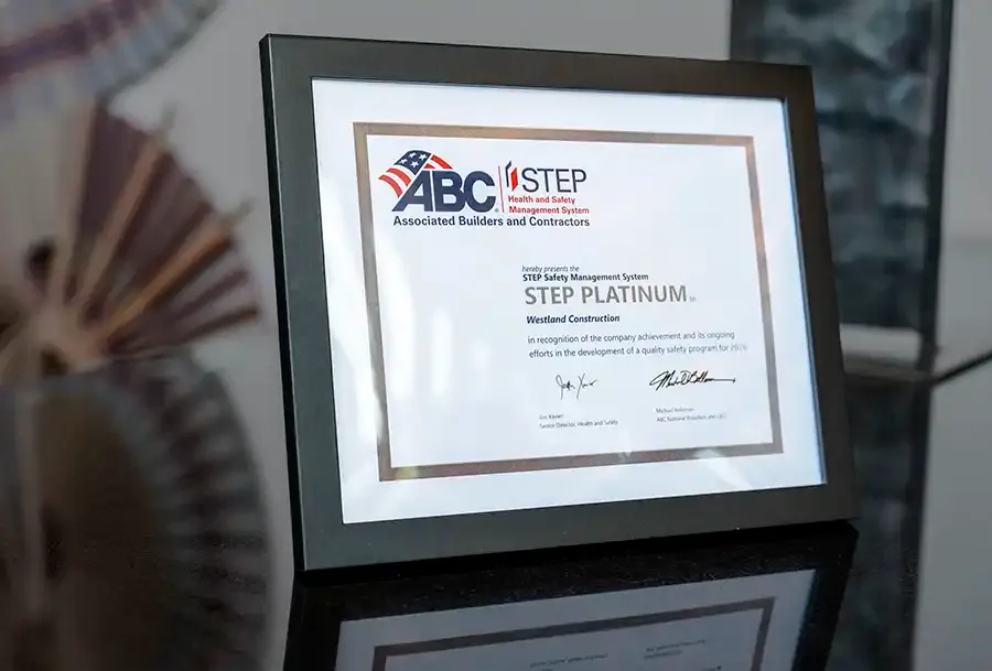Associated Builders and Contractors STEP Safety Management System Platinum certificate presented to Westland Construction