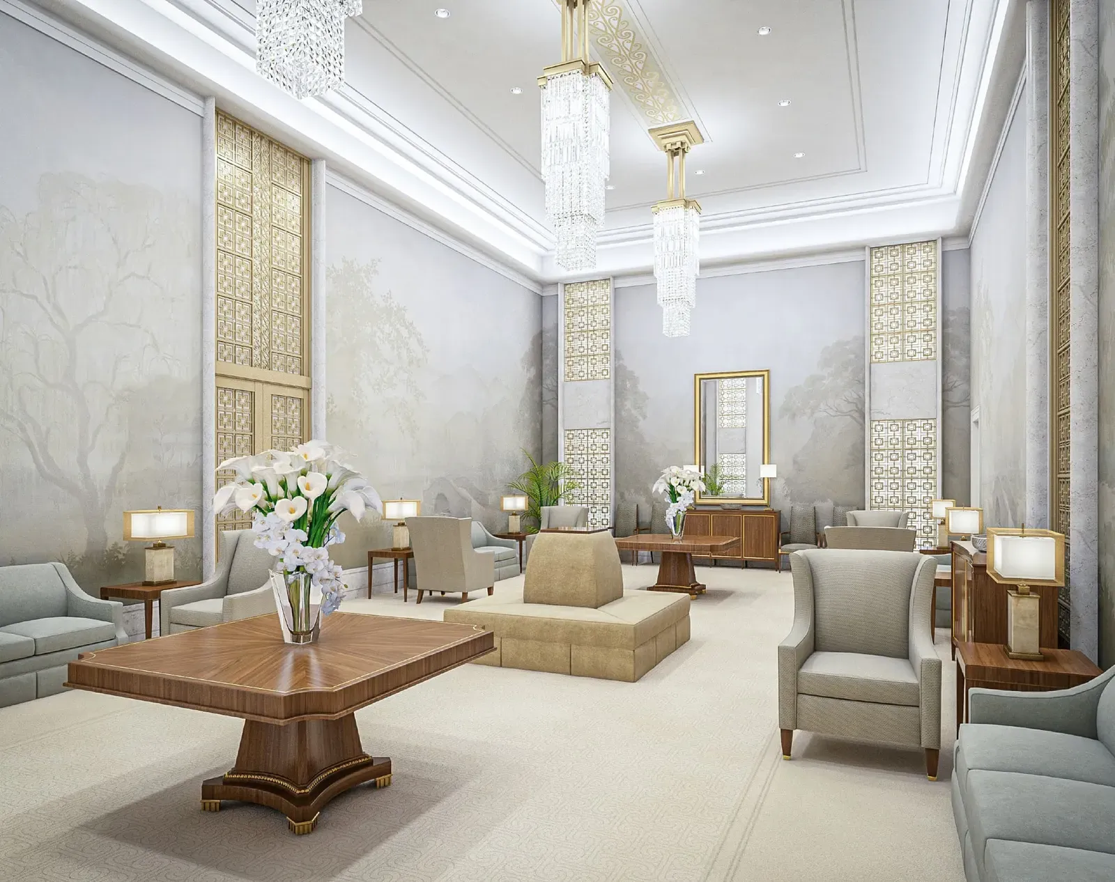 Rendering of a temple reception room with crystal chandeliers, soft tree murals, a table with white lilies and upholstered seating