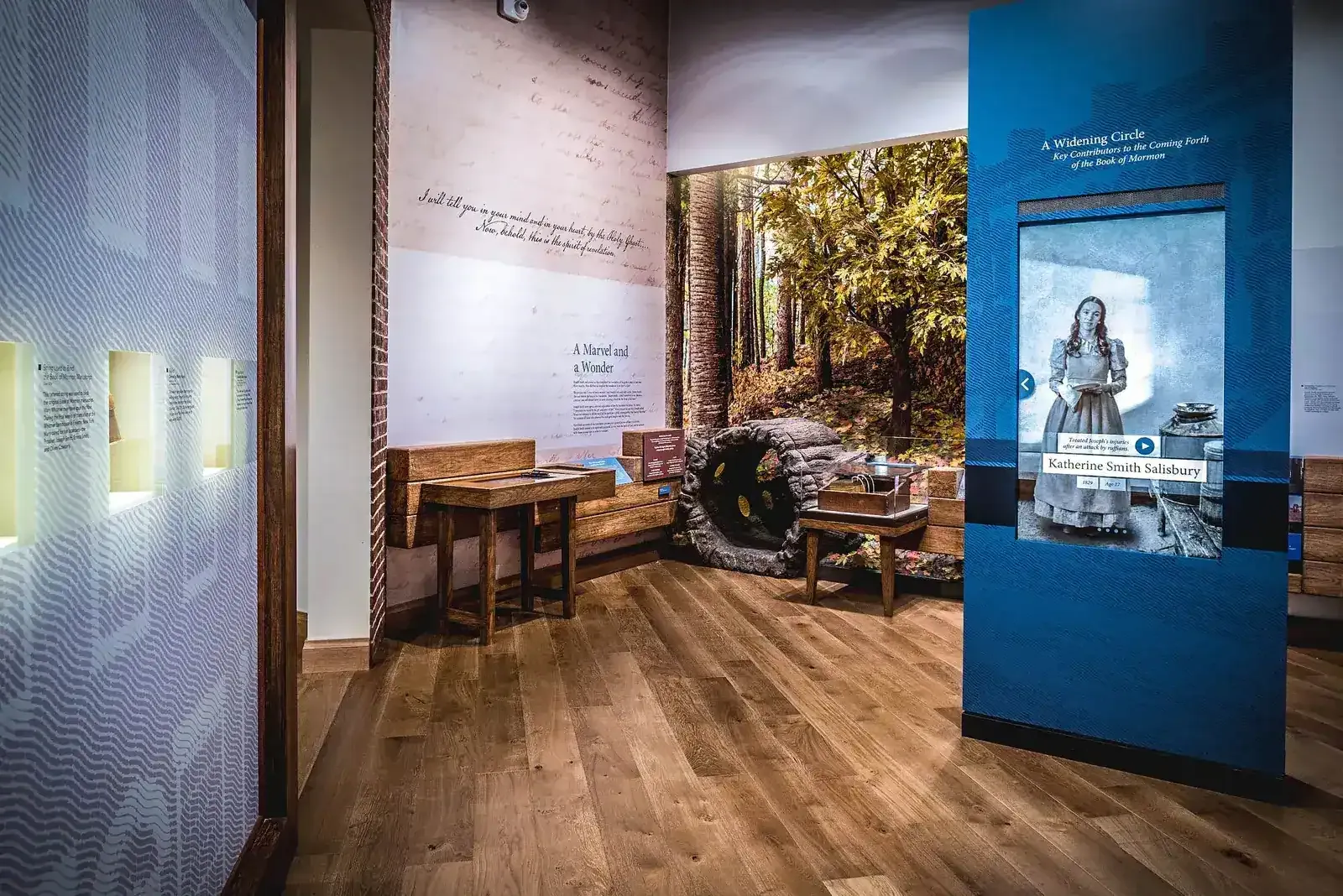 Exhibit area with a recreated forest scene, a log display, wood floors, and a blue digital screen