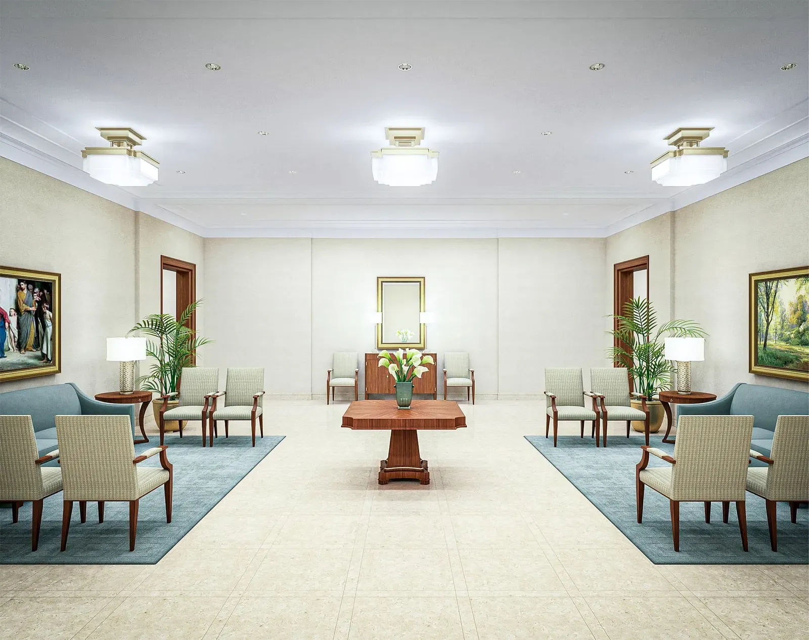 Rendering of a waiting room with a central table, two seating groups on blue rugs and framed landscape paintings