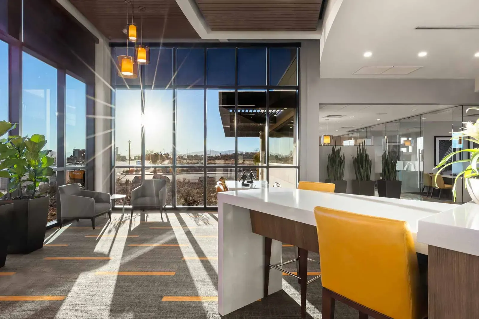 Lobby seating area beside floor-to-ceiling windows, with potted plants and a standing-height counter.