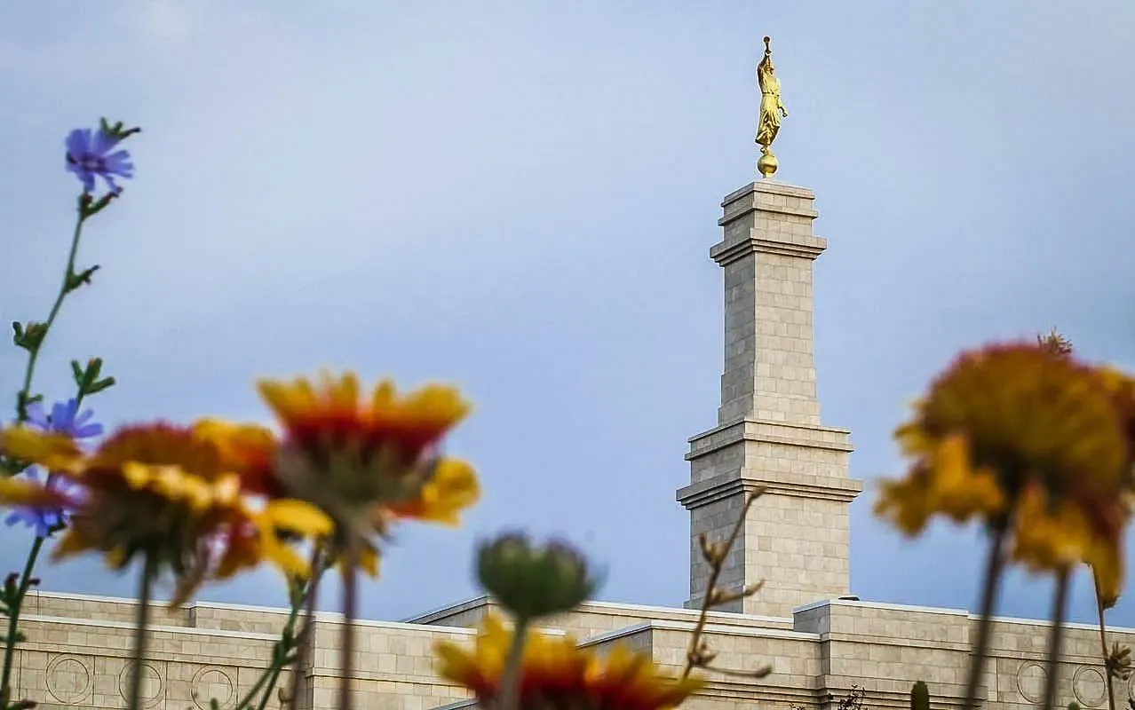 Temple spire topped with a gold statue, seen over blurred yellow and purple wildflowers.