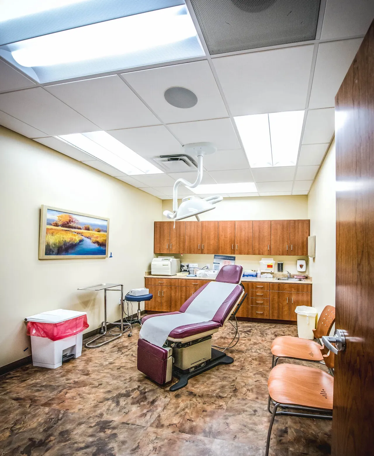 Exam room with an adjustable exam chair, an exam light, wood cabinets and a landscape painting.