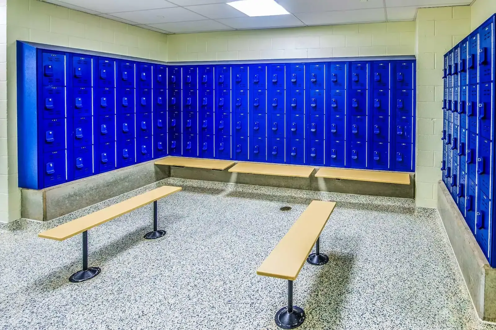 Locker room with blue lockers and wood benches