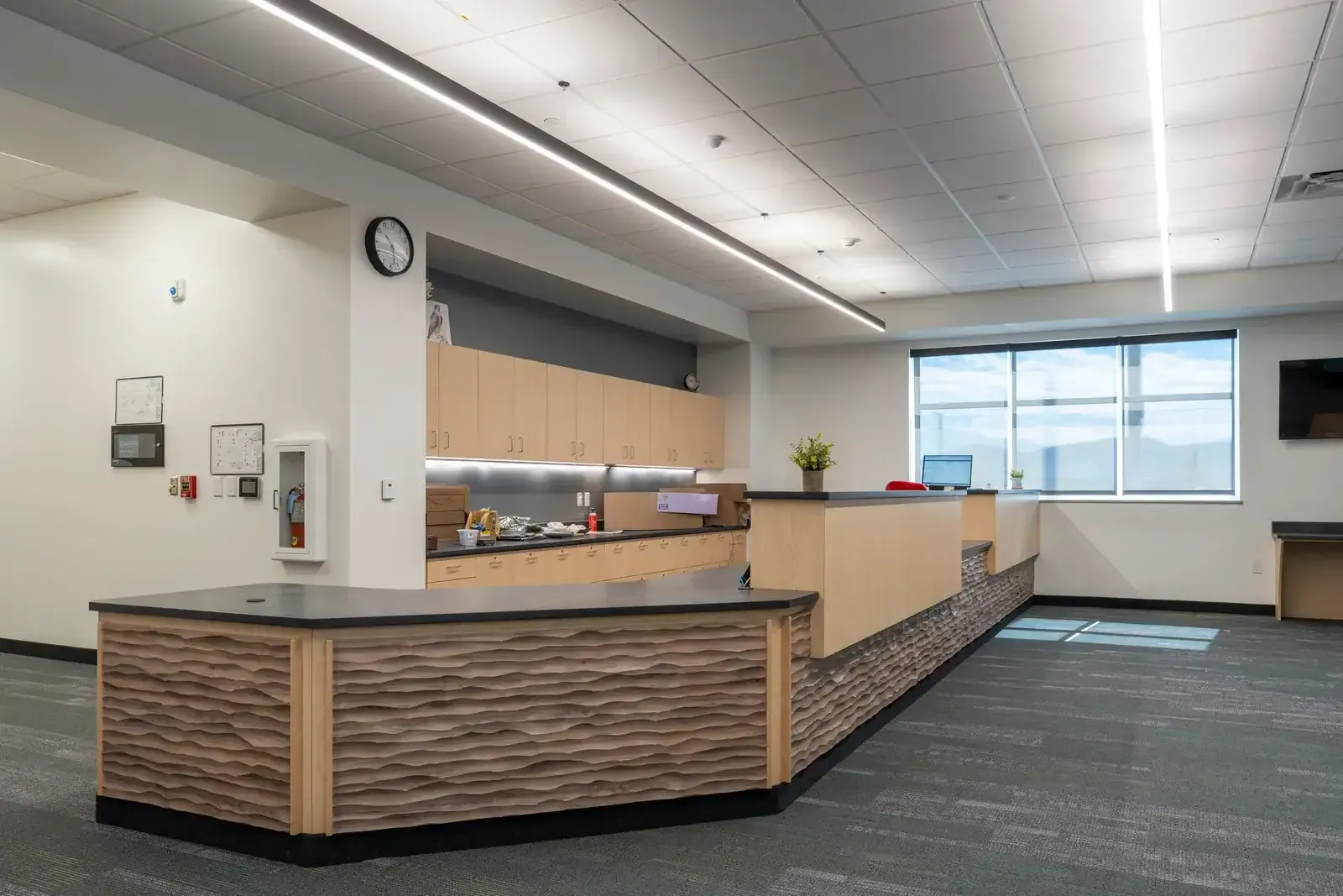 Front office with a long counter faced in wavy carved wood panels, cabinets behind it and a large window.