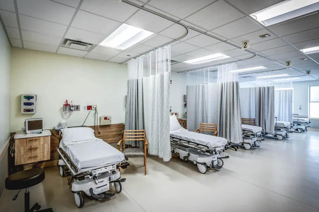 Recovery area with stretchers separated by curtains.