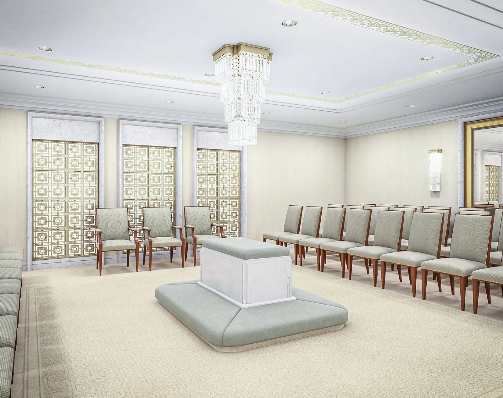 Rendering of a room with a raised central altar on a platform, rows of upholstered chairs and lattice-patterned window panels