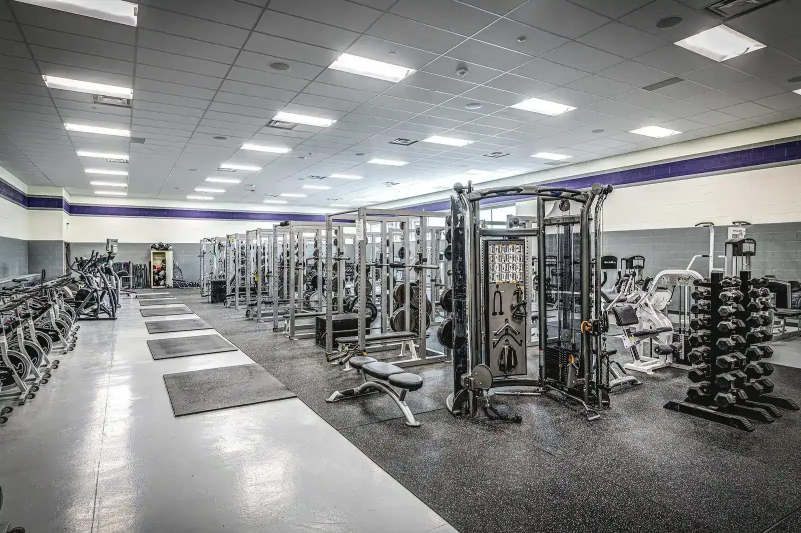 Weight room with racks, free weights and cardio machines.