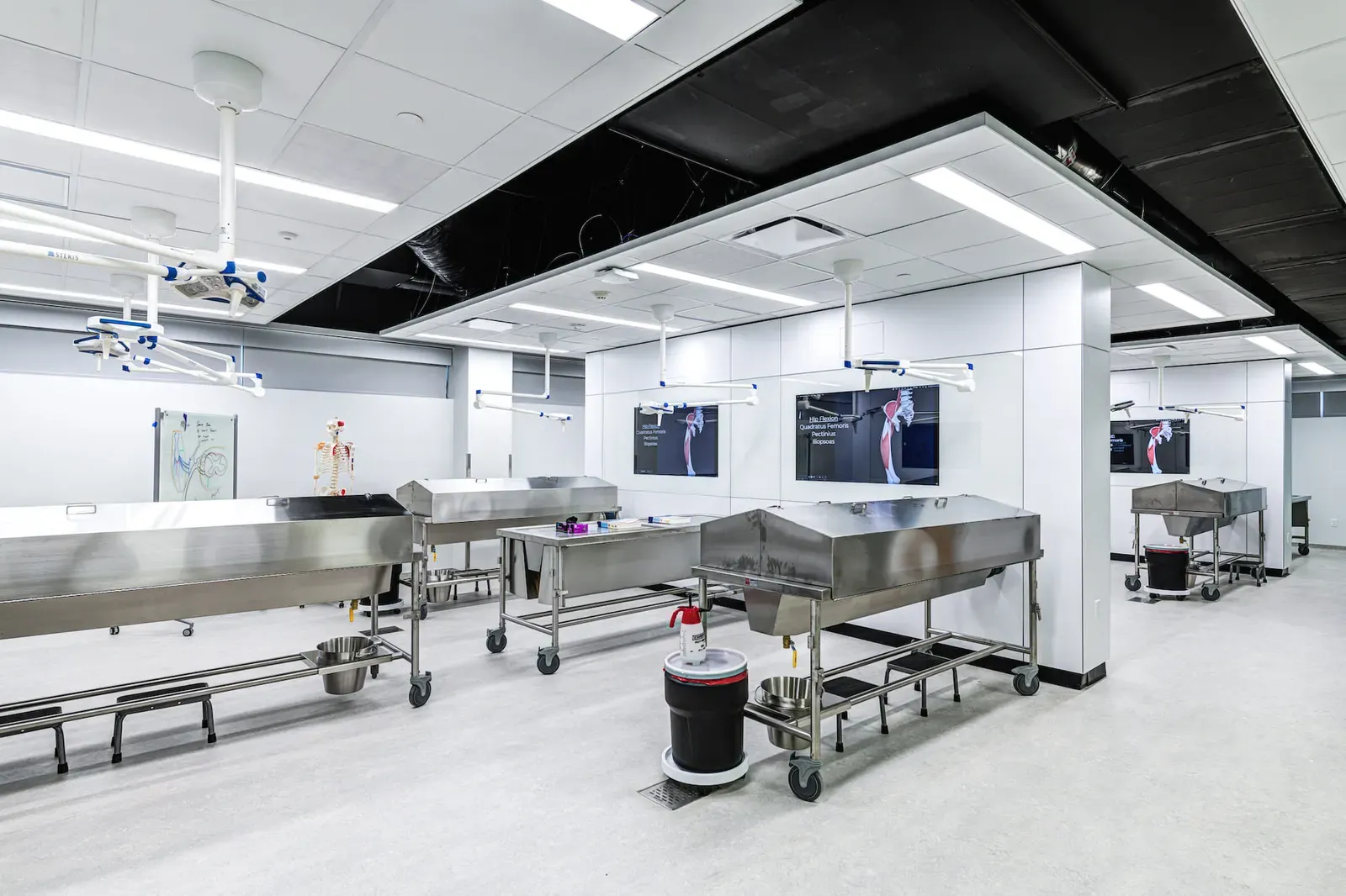 Anatomy laboratory with stainless steel dissection tables, surgical lights and wall-mounted monitors.