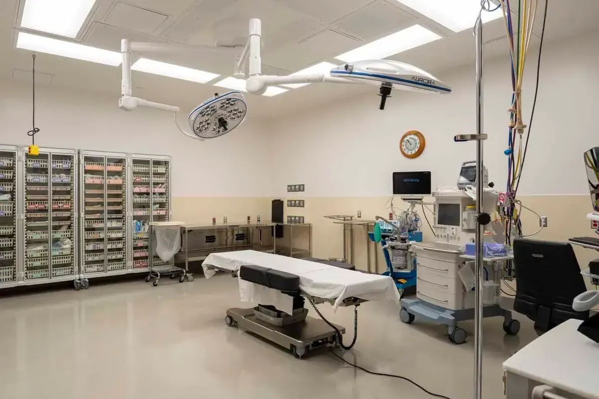 Procedure room with an operating table, ceiling-mounted surgical lights and wall cabinets of supplies.