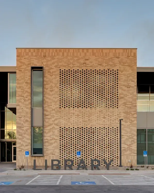 Spanish Fork Library, a brick facade with a perforated brick screen above the library lettering